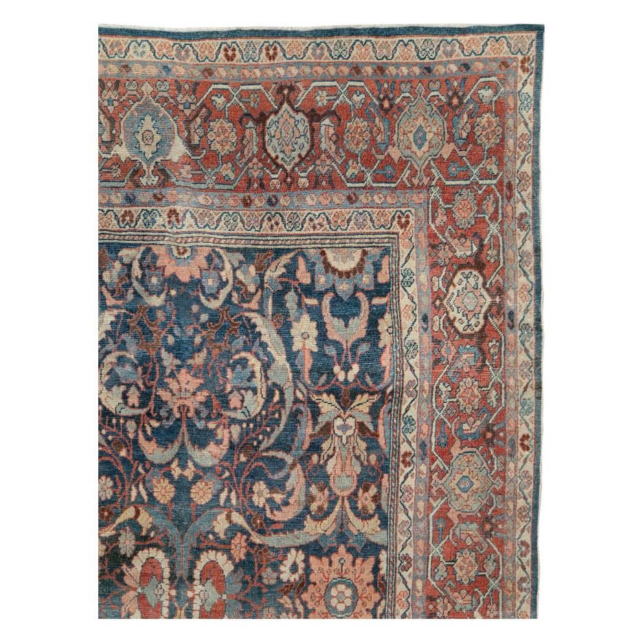 Rustic Early 20th Century Handmade Persian Mahal Room Size Carpet in Blue and Red For Sale