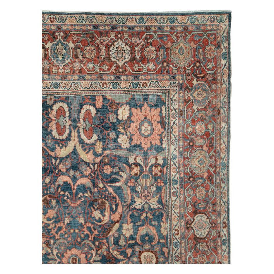 Hand-Knotted Early 20th Century Handmade Persian Mahal Room Size Carpet in Blue and Red For Sale