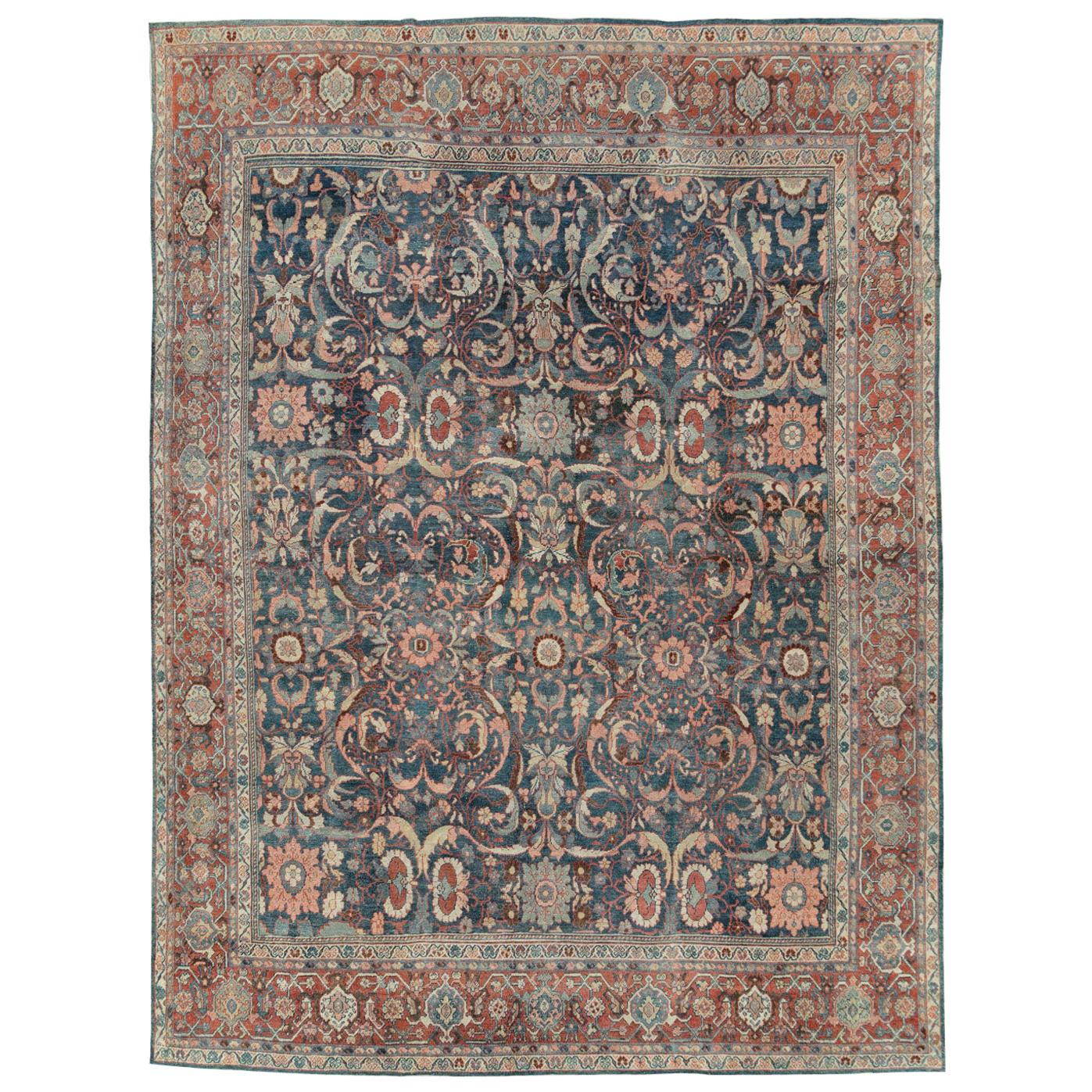 Early 20th Century Handmade Persian Mahal Room Size Carpet in Blue and Red For Sale