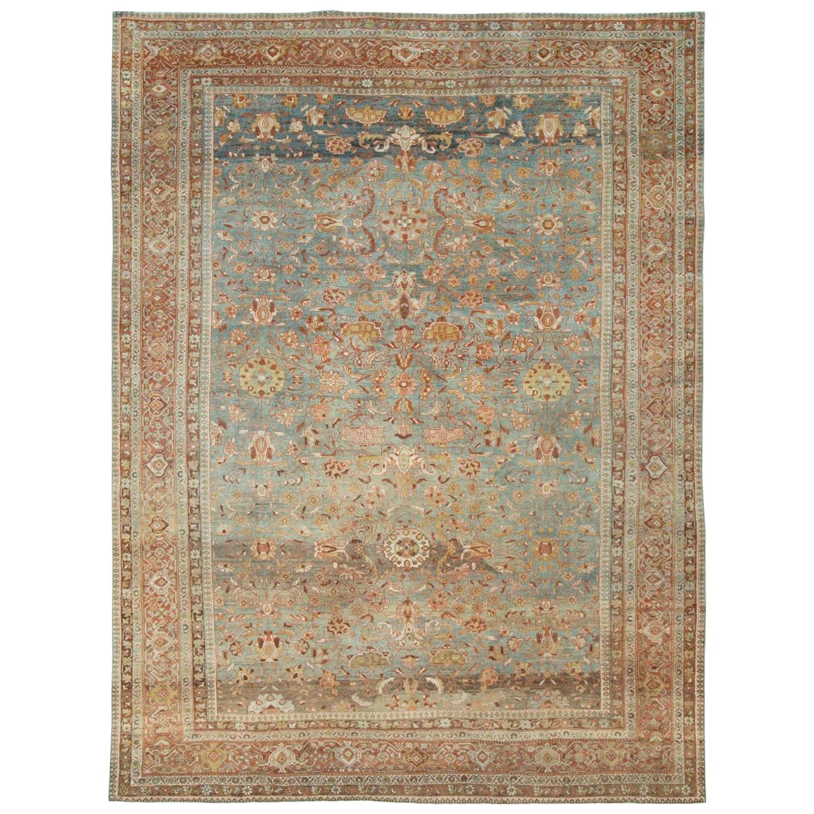 Early 20th Century Handmade Persian Mahal Room Size Carpet in Rust and Seafoam