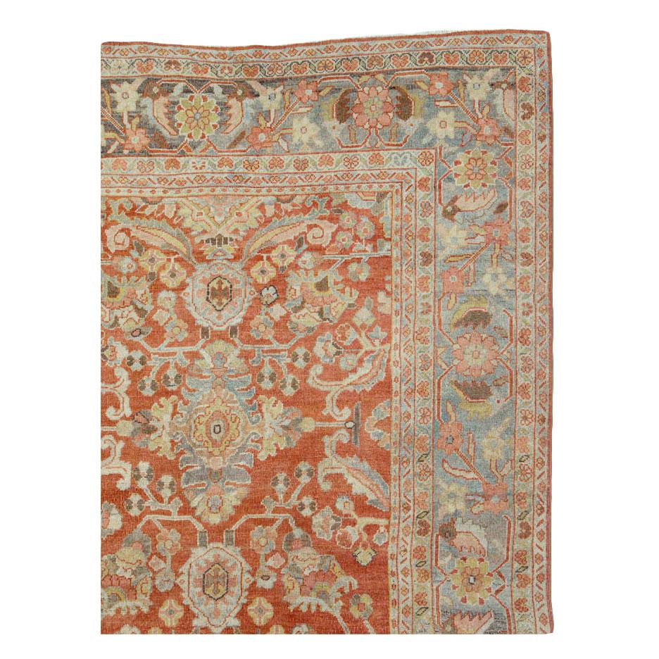 Rustic Early 20th Century Handmade Persian Mahal Room Size Carpet in Rust & Slate Blue For Sale