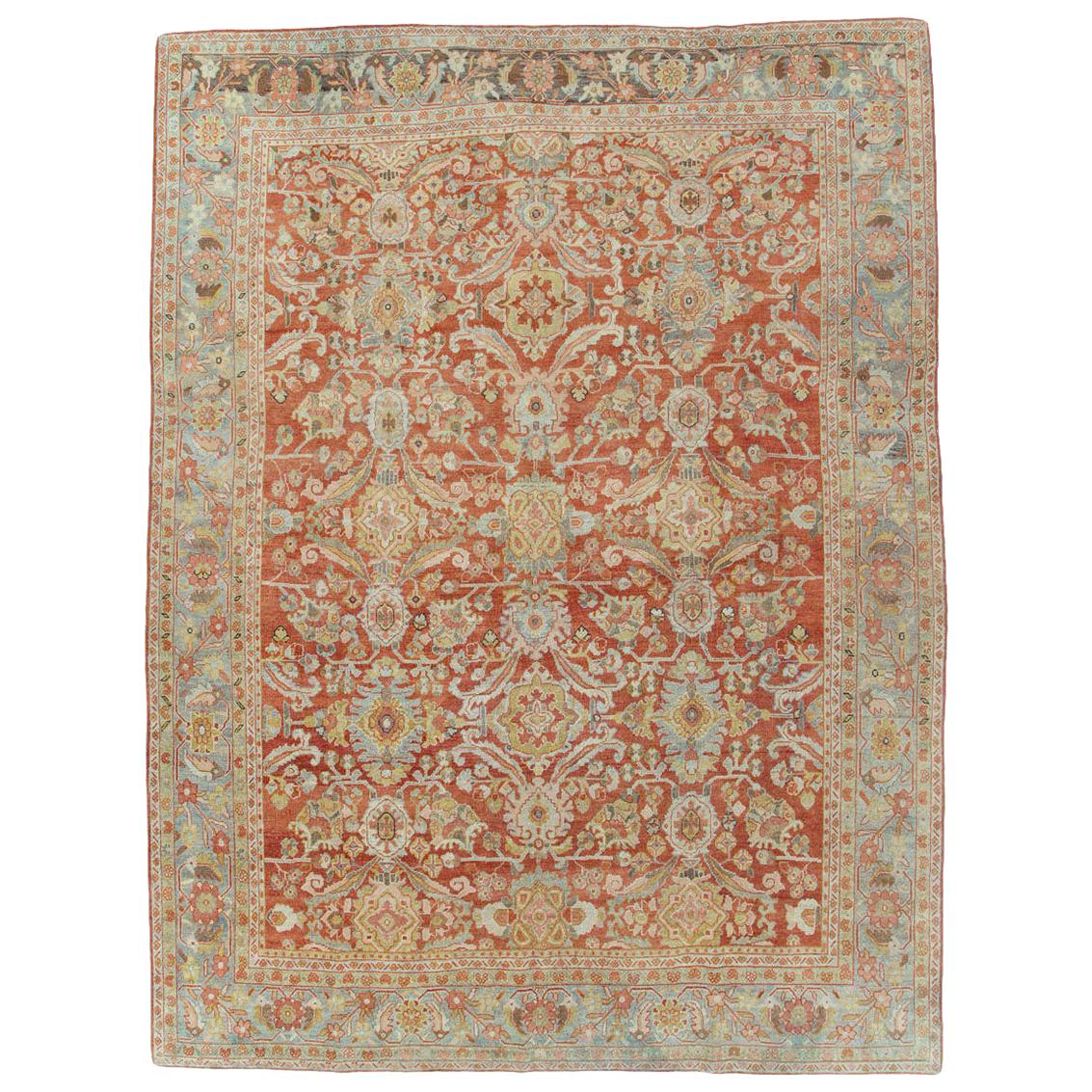 Early 20th Century Handmade Persian Mahal Room Size Carpet in Rust & Slate Blue For Sale