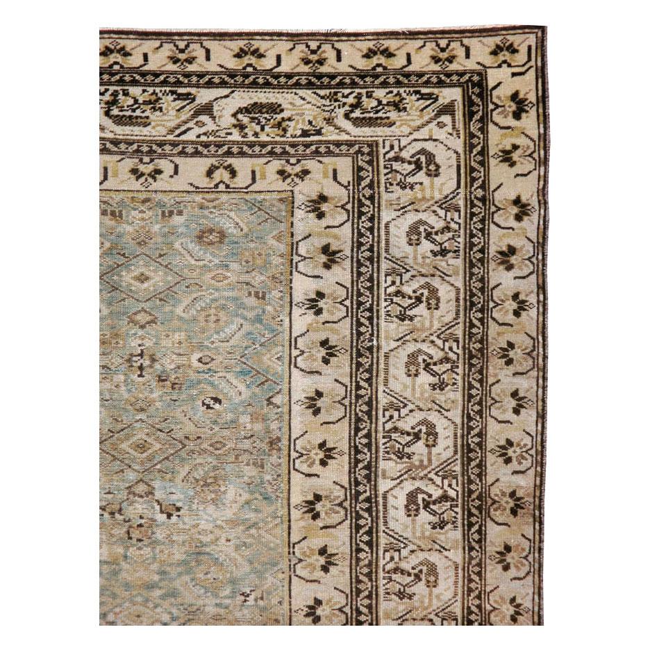 Rustic Early 20th Century Handmade Persian Malayer Accent Rug in Blue-Green and Grey