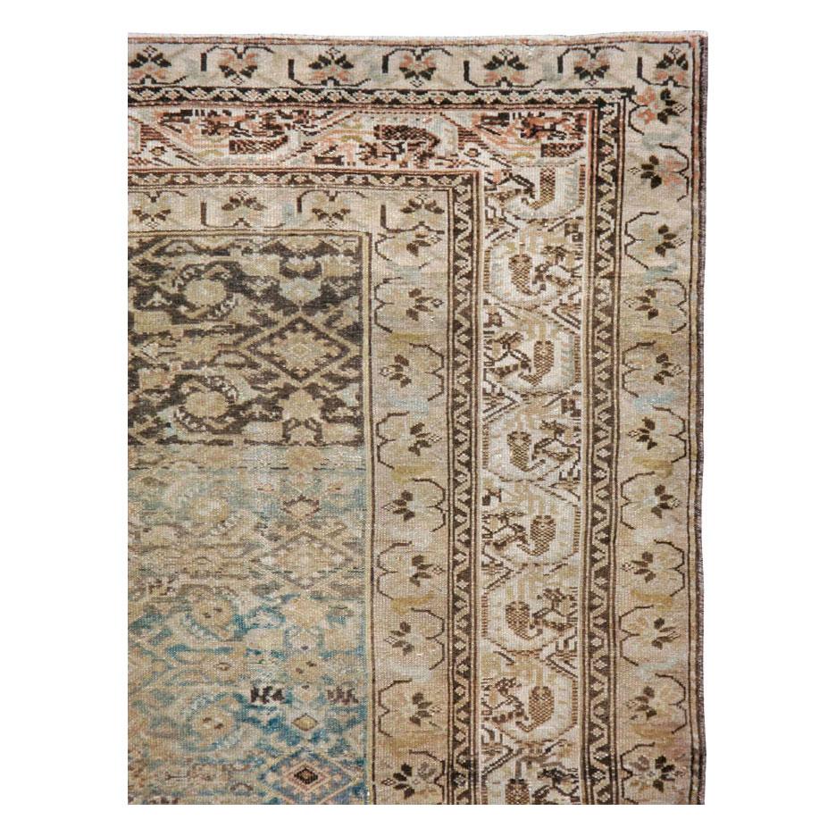 Hand-Knotted Early 20th Century Handmade Persian Malayer Accent Rug in Blue-Green and Grey