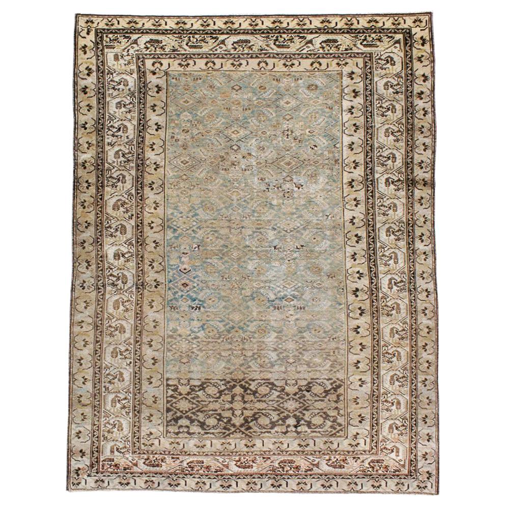 Early 20th Century Handmade Persian Malayer Accent Rug in Blue-Green and Grey