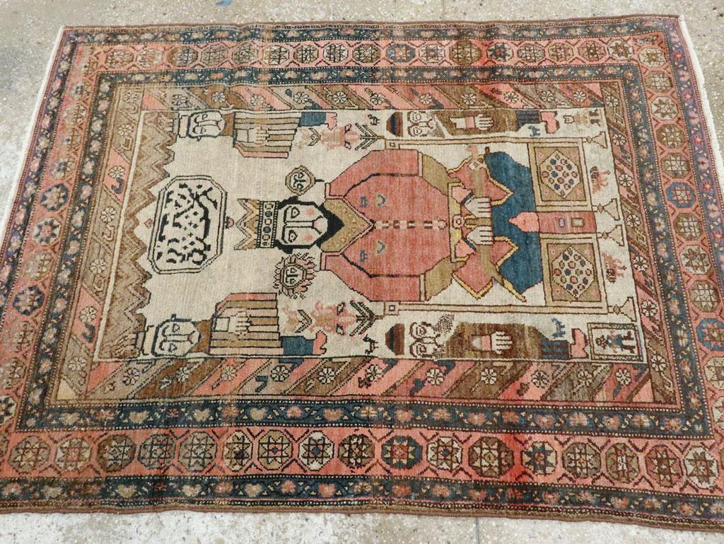 Rustic Early 20th Century Handmade Persian Malayer Pictorial Throw Rug For Sale