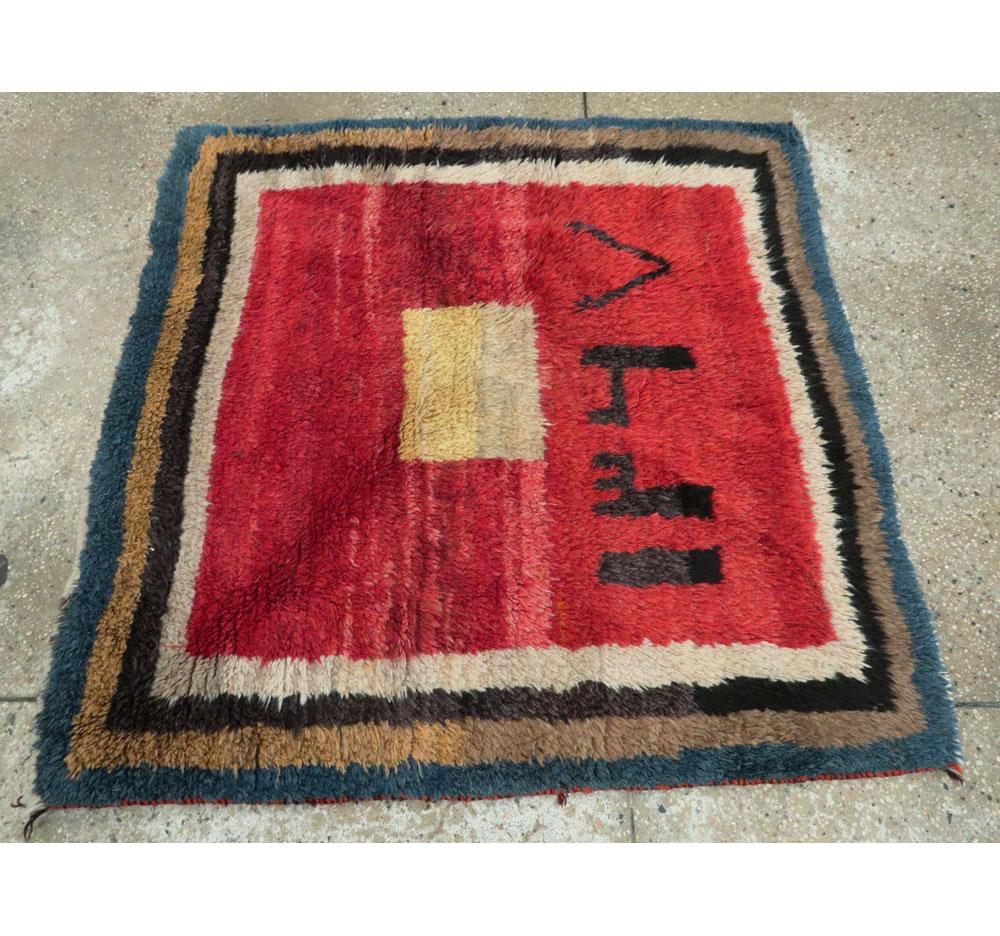 Modern Handmade Persian Nomadic Square Shag Rug in Red For Sale