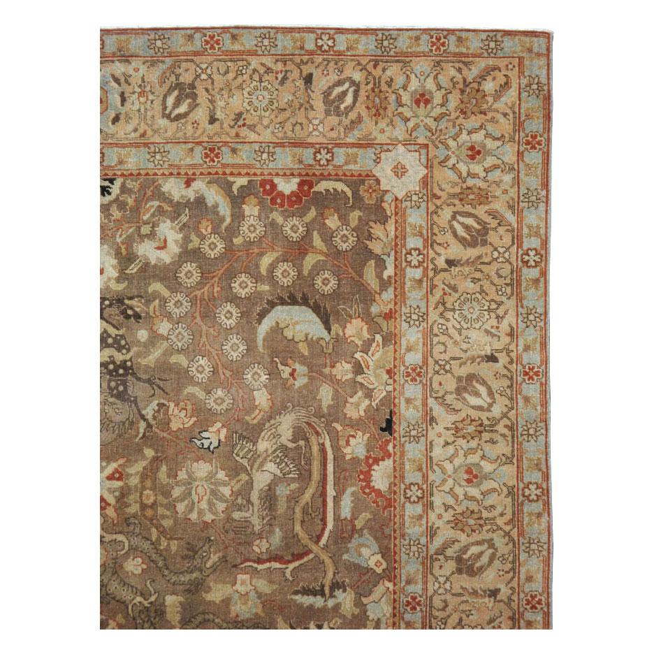 Rustic Early 20th Century Handmade Persian Pictorial Tabriz Accent Rug For Sale