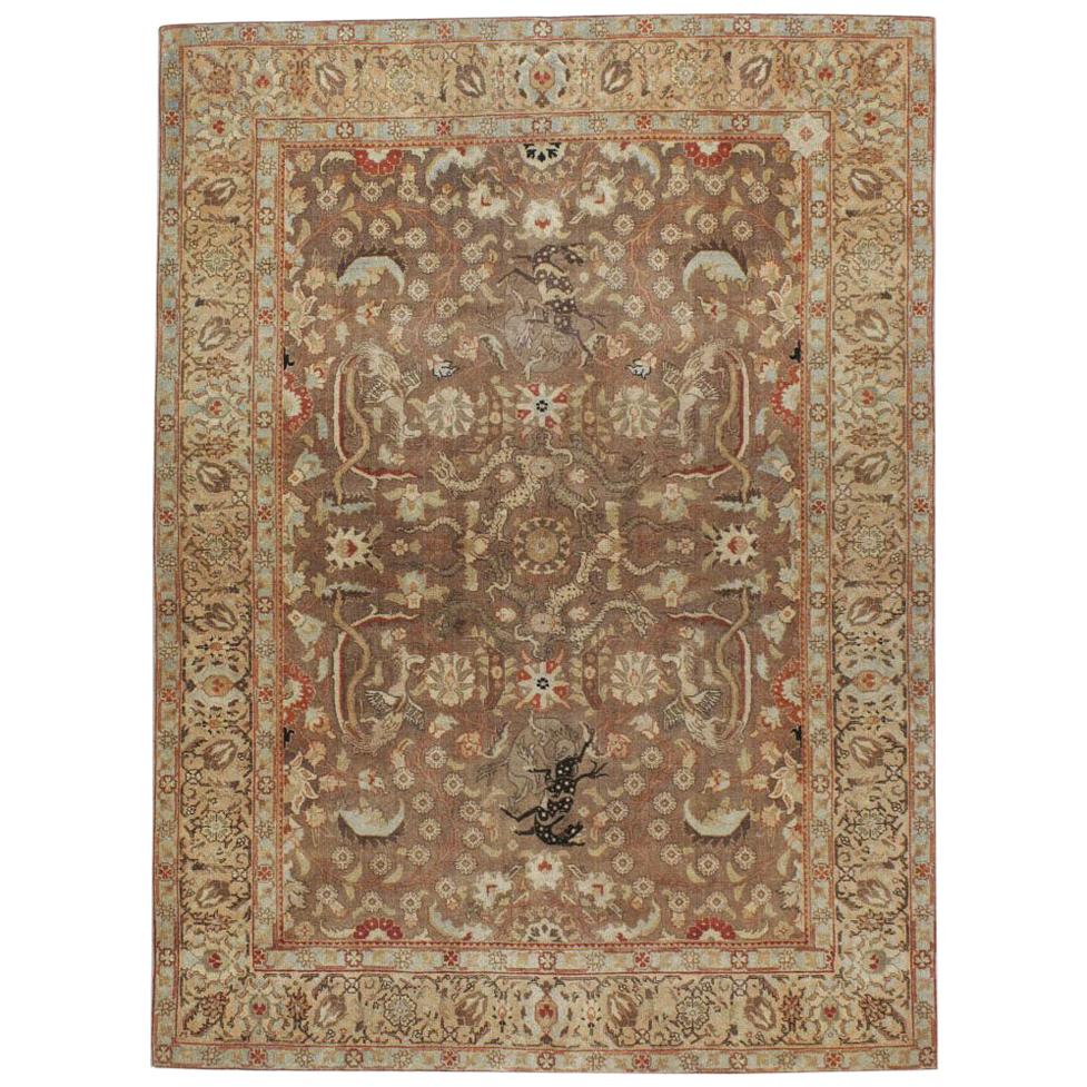 Early 20th Century Handmade Persian Pictorial Tabriz Accent Rug For Sale