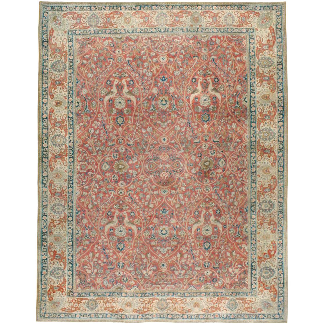 Early 20th Century Handmade Persian Pictorial Tabriz Large Room Size Carpet For Sale