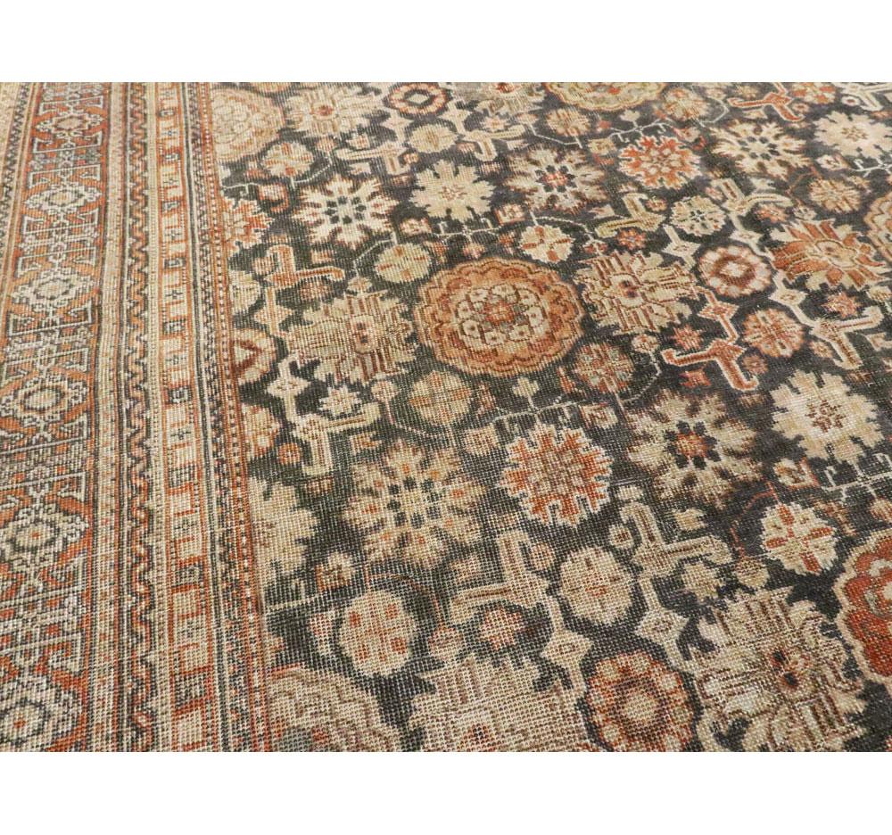 Wool Early 20th Century Handmade Persian Room Size Carpet In Charcoal and Rust
