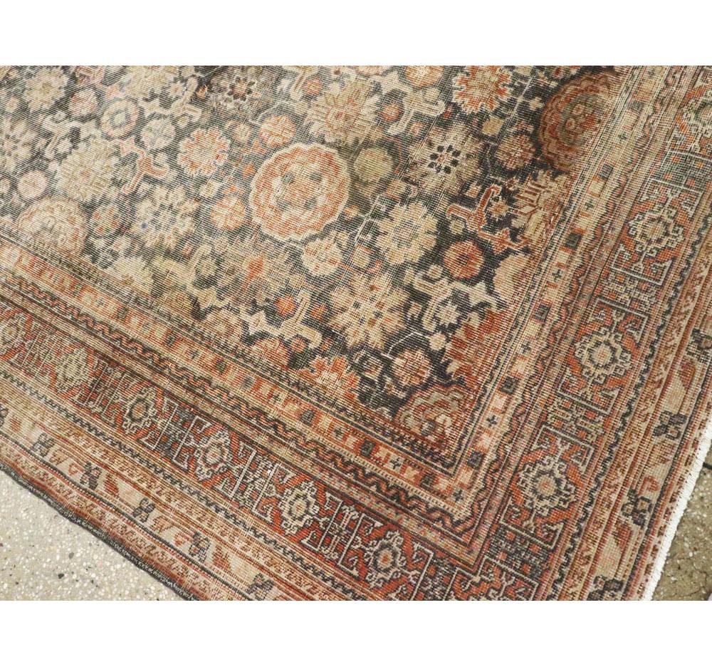 Early 20th Century Handmade Persian Room Size Carpet In Charcoal and Rust 1