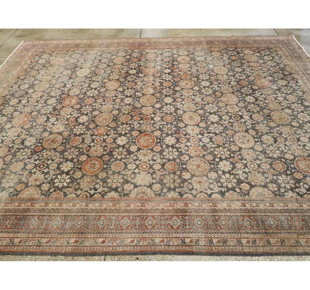 Early 20th Century Handmade Persian Room Size Carpet In Charcoal and Rust 2
