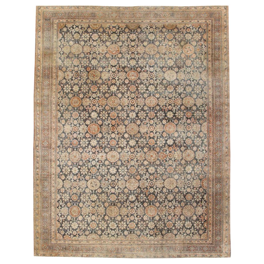 Early 20th Century Handmade Persian Room Size Carpet In Charcoal and Rust