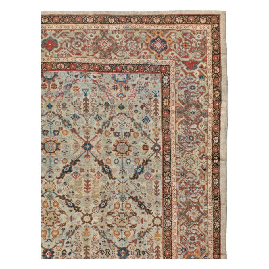 Hand-Knotted Early 20th Century Handmade Persian Room Size Rug in Light Grey, Beige, and Rust