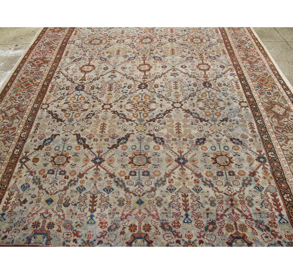 Early 20th Century Handmade Persian Room Size Rug in Light Grey, Beige, and Rust 1