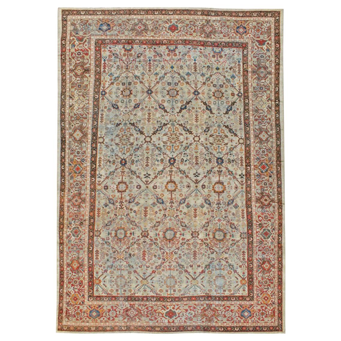 Early 20th Century Handmade Persian Room Size Rug in Light Grey, Beige, and Rust