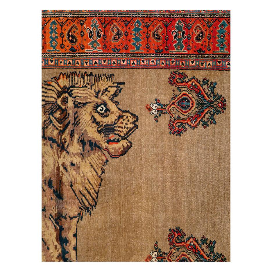 Rustic Early 20th Century Handmade Persian Senneh Malayer Pictorial Lion Accent Rug For Sale