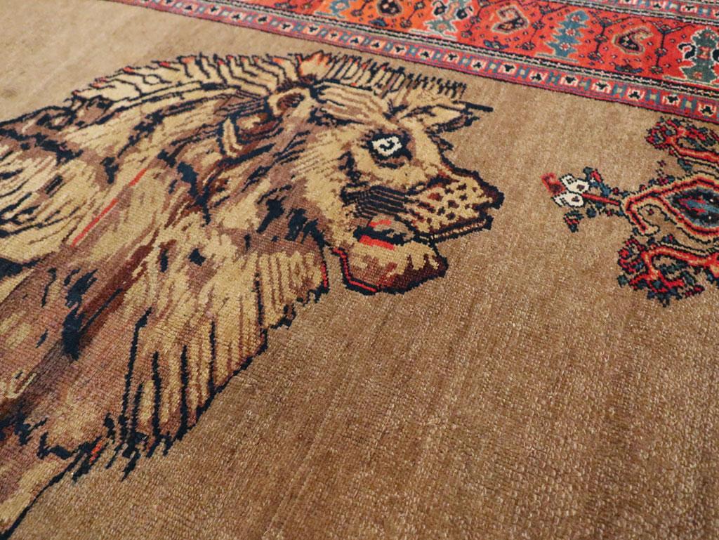 Wool Early 20th Century Handmade Persian Senneh Malayer Pictorial Lion Accent Rug For Sale