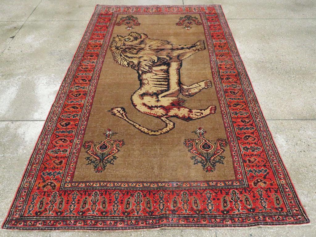 Early 20th Century Handmade Persian Senneh Malayer Pictorial Lion Accent Rug For Sale 1