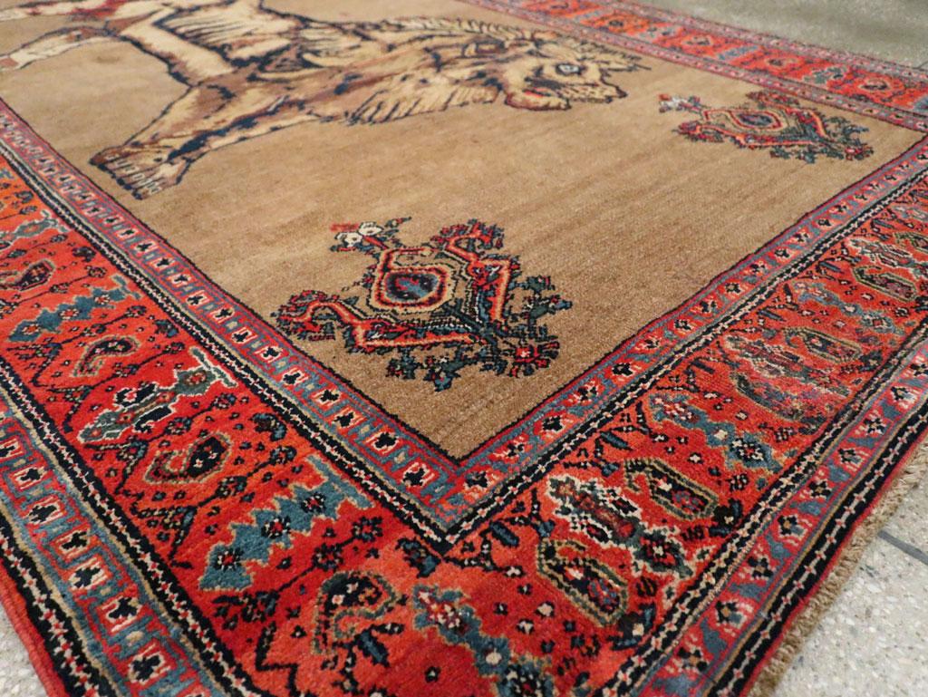 Early 20th Century Handmade Persian Senneh Malayer Pictorial Lion Accent Rug For Sale 2