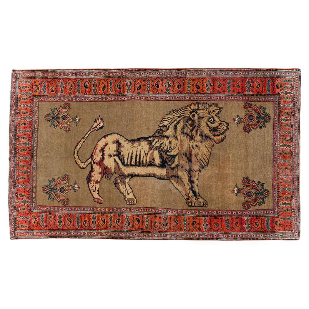 Early 20th Century Handmade Persian Senneh Malayer Pictorial Lion Accent Rug For Sale