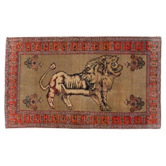 Antique Early 20th Century Handmade Persian Senneh Malayer Pictorial Lion Accent Rug