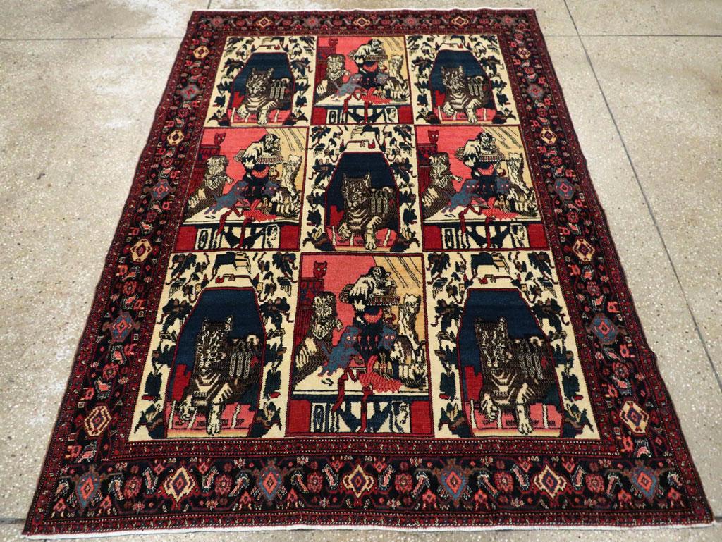 Hand-Knotted Early 20th Century Handmade Persian Senneh Pictorial Accent Rug of Cats For Sale