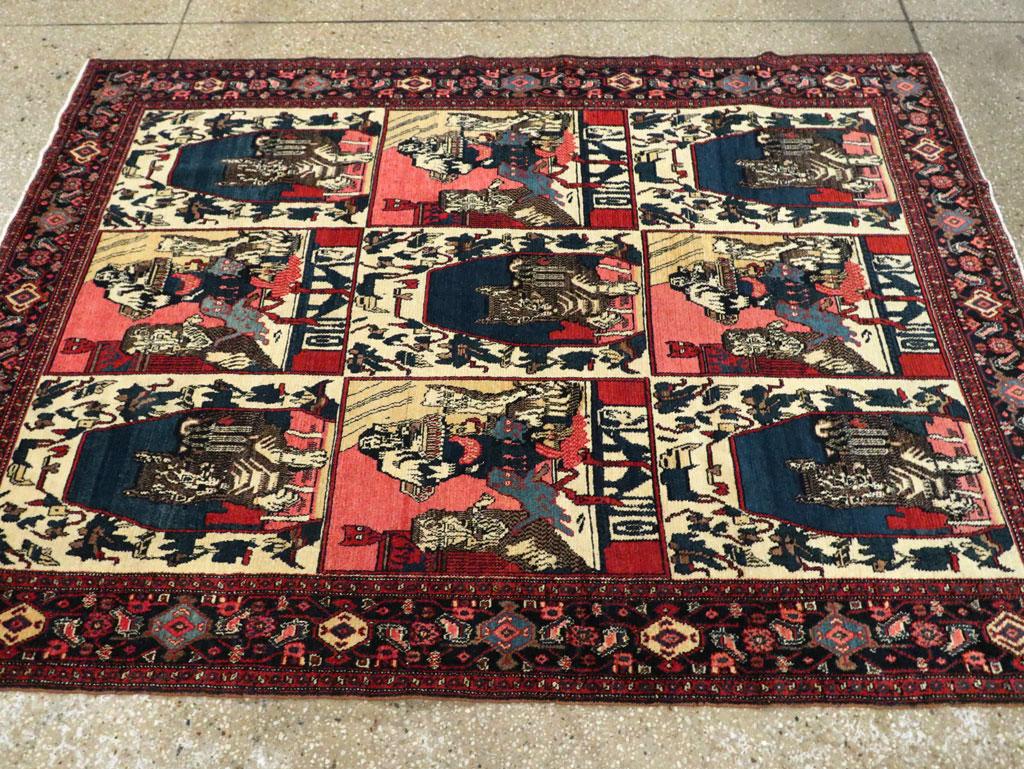 Wool Early 20th Century Handmade Persian Senneh Pictorial Accent Rug of Cats For Sale