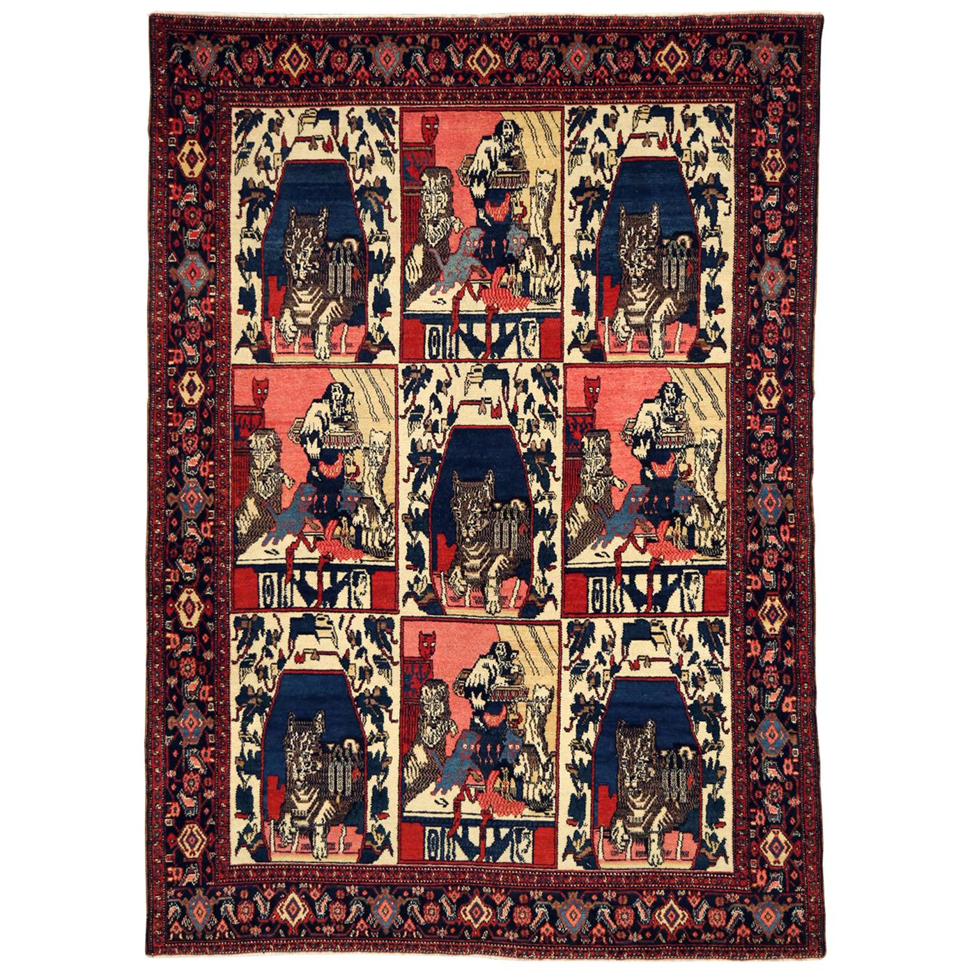 Early 20th Century Handmade Persian Senneh Pictorial Accent Rug of Cats For Sale