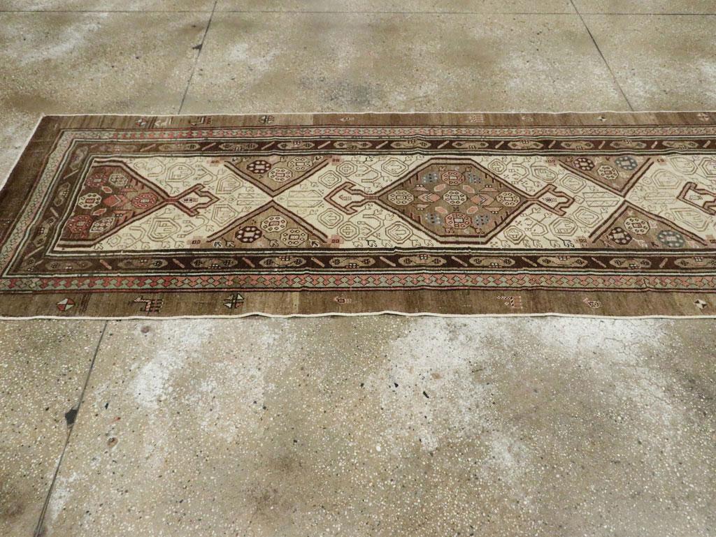 Wool Early 20th Century Handmade Persian Serab Runner in Brown and Cream For Sale