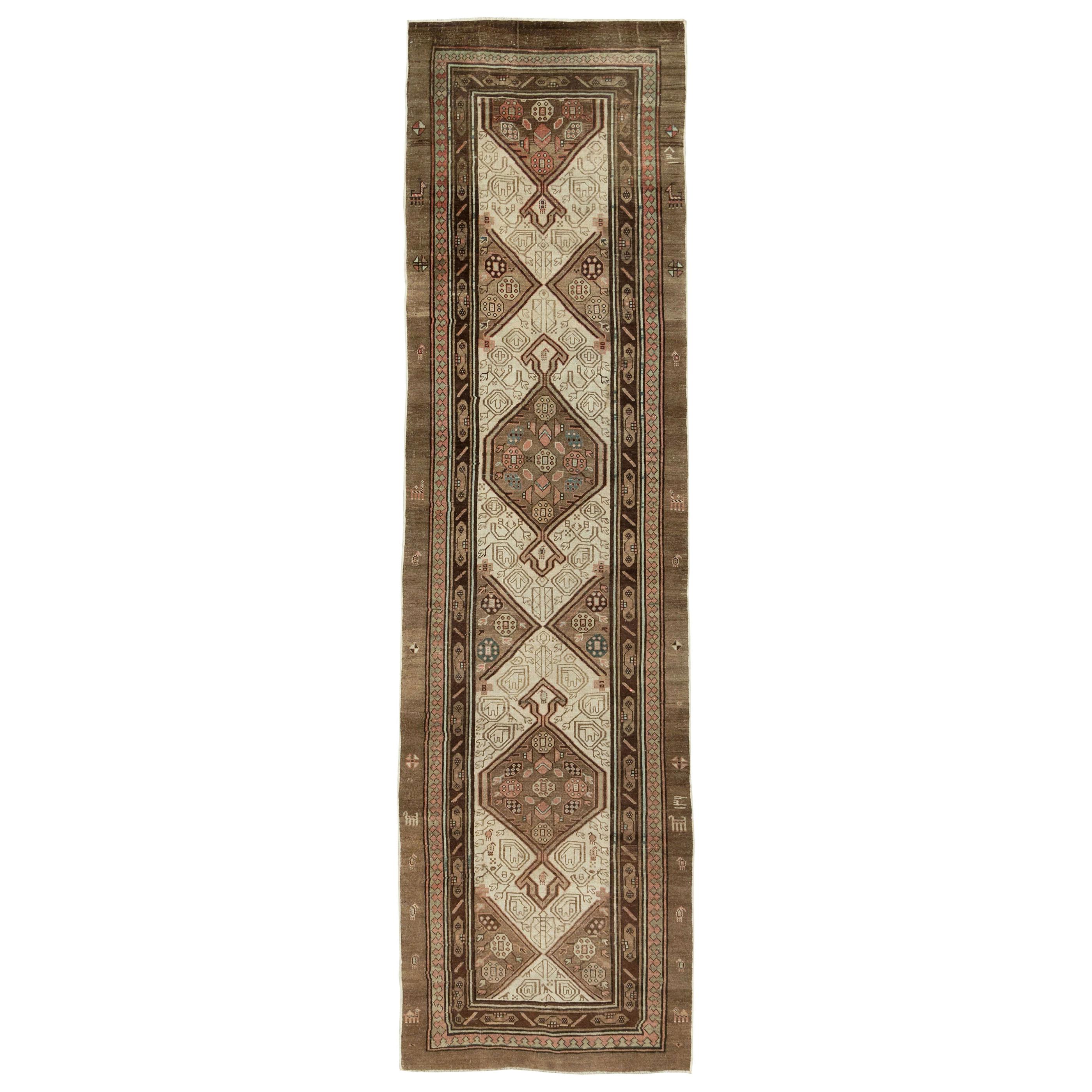 Early 20th Century Handmade Persian Serab Runner in Brown and Cream For Sale