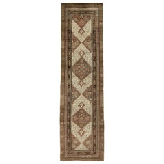 Antique Early 20th Century Handmade Persian Serab Runner in Brown and Cream
