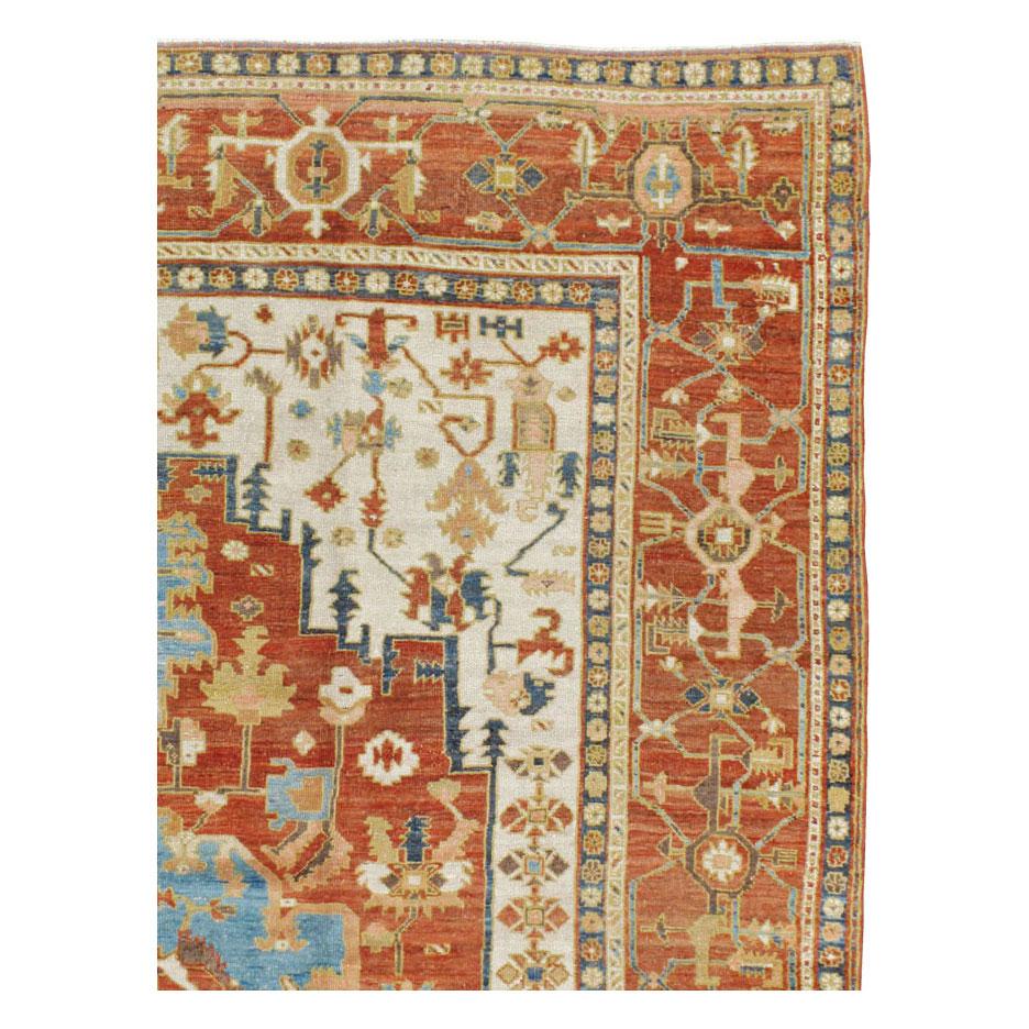 Colonial Revival Early 20th Century Handmade Persian Serapi Large Room Size Carpet For Sale