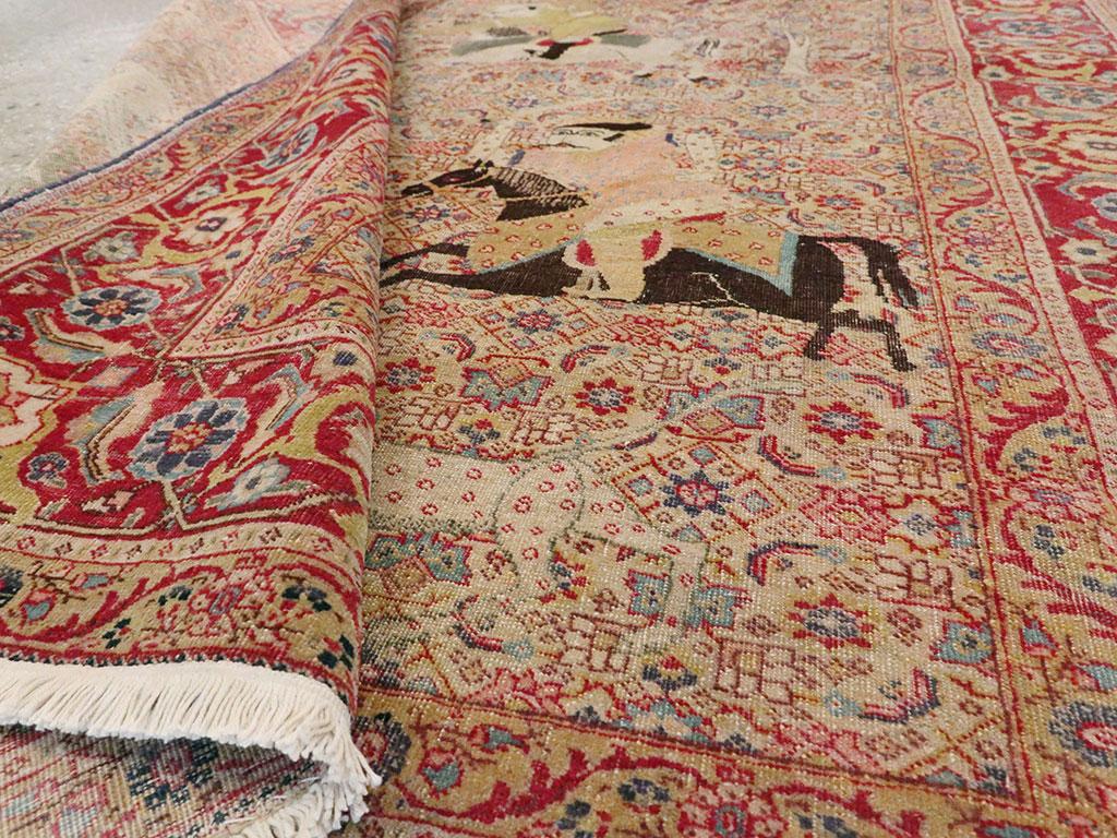 Early 20th Century Handmade Persian Tabriz Hunting Scene Pictorial Accent Rug For Sale 1