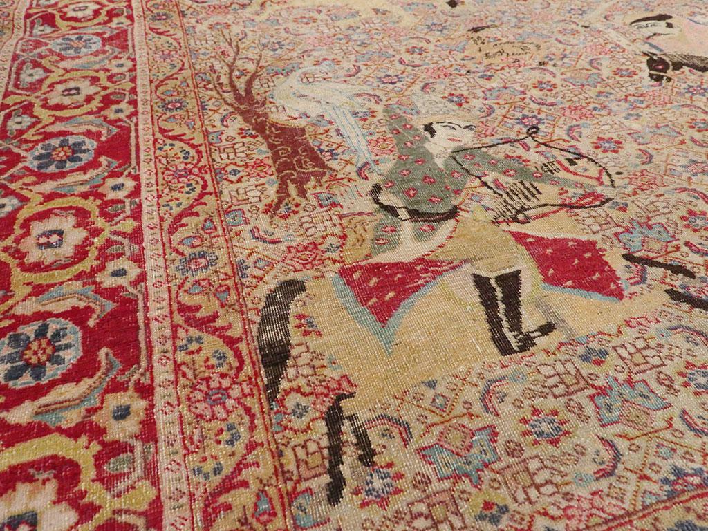 Folk Art Early 20th Century Handmade Persian Tabriz Hunting Scene Pictorial Accent Rug For Sale