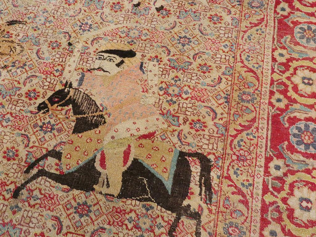 Hand-Knotted Early 20th Century Handmade Persian Tabriz Hunting Scene Pictorial Accent Rug For Sale