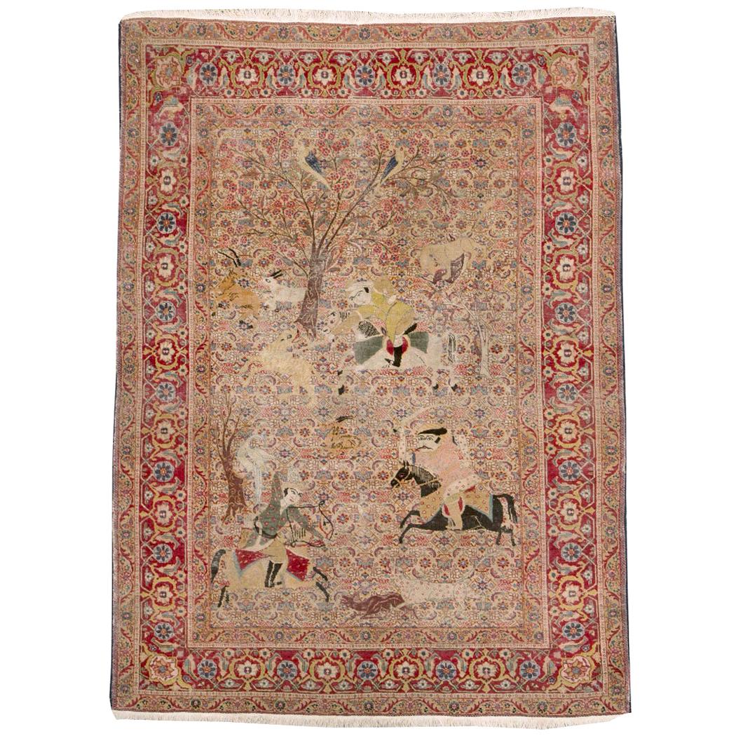 Early 20th Century Handmade Persian Tabriz Hunting Scene Pictorial Accent Rug
