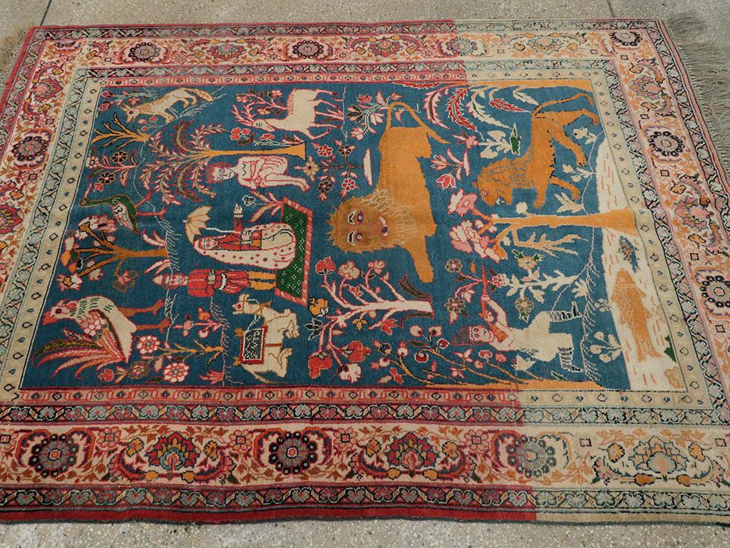 Wool Early 20th Century Handmade Persian Tabriz Pictorial Accent Rug, circa 1920