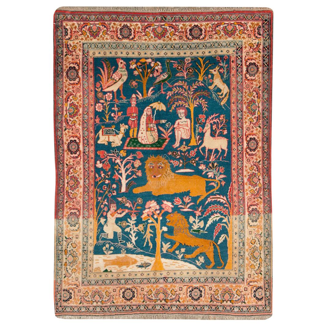 Tapis d'appoint pictural persan de Tabriz du début du 20e siècle, fait à la main, vers 1920