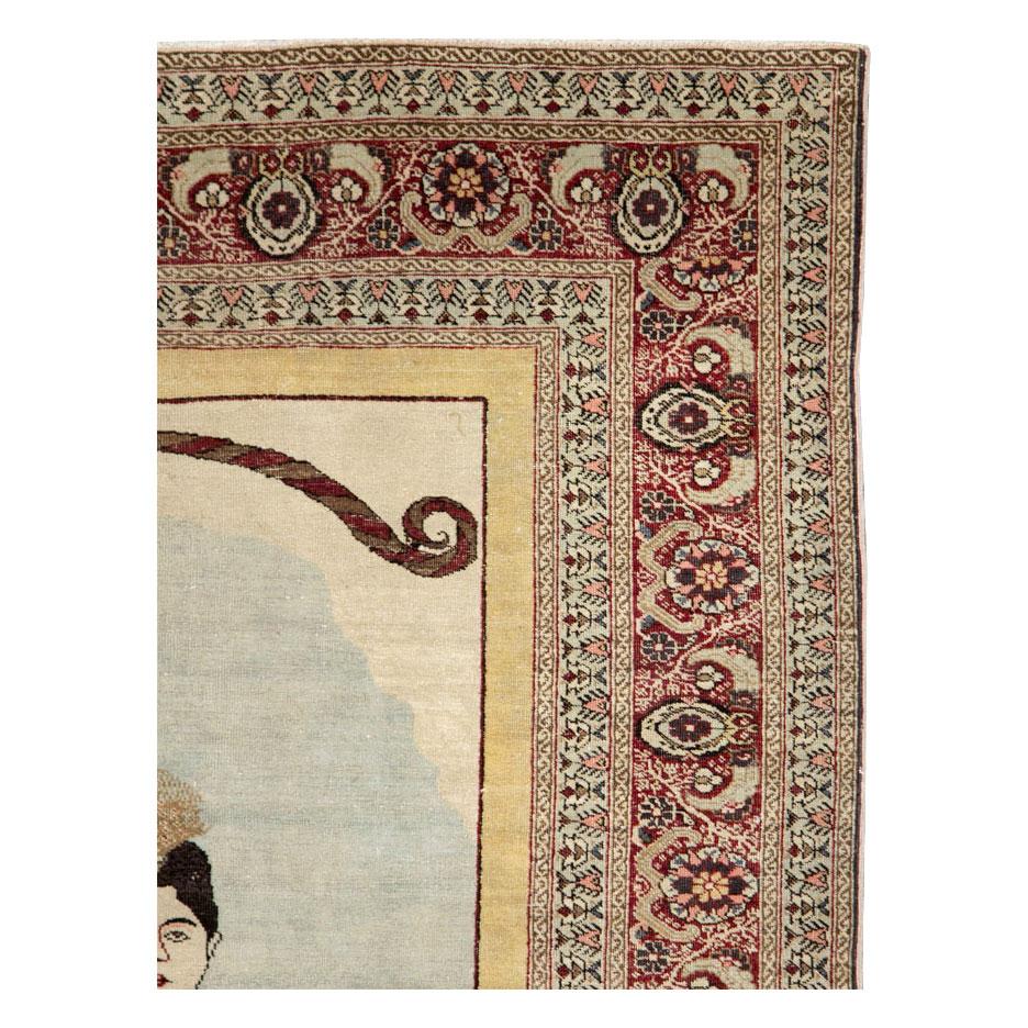 Folk Art Early 20th Century Handmade Persian Tabriz Pictorial Accent Rug For Sale