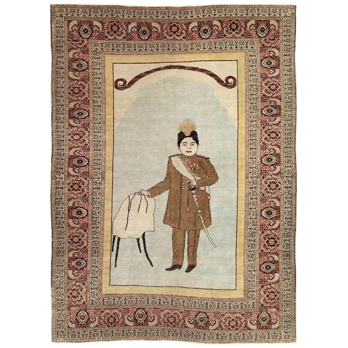 Early 20th Century Handmade Persian Tabriz Pictorial Accent Rug For Sale