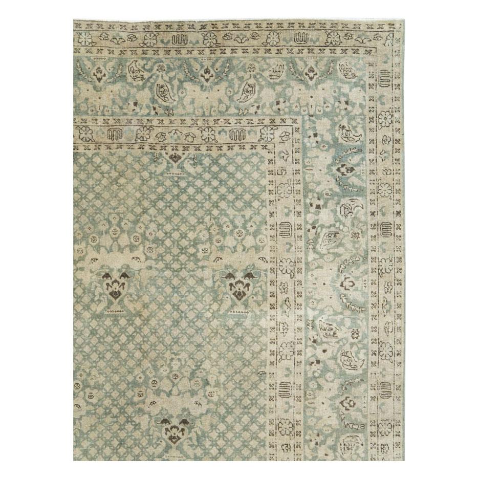 Rustic Early 20th Century Handmade Persian Tabriz Room Size Carpet in Blues and Greens For Sale