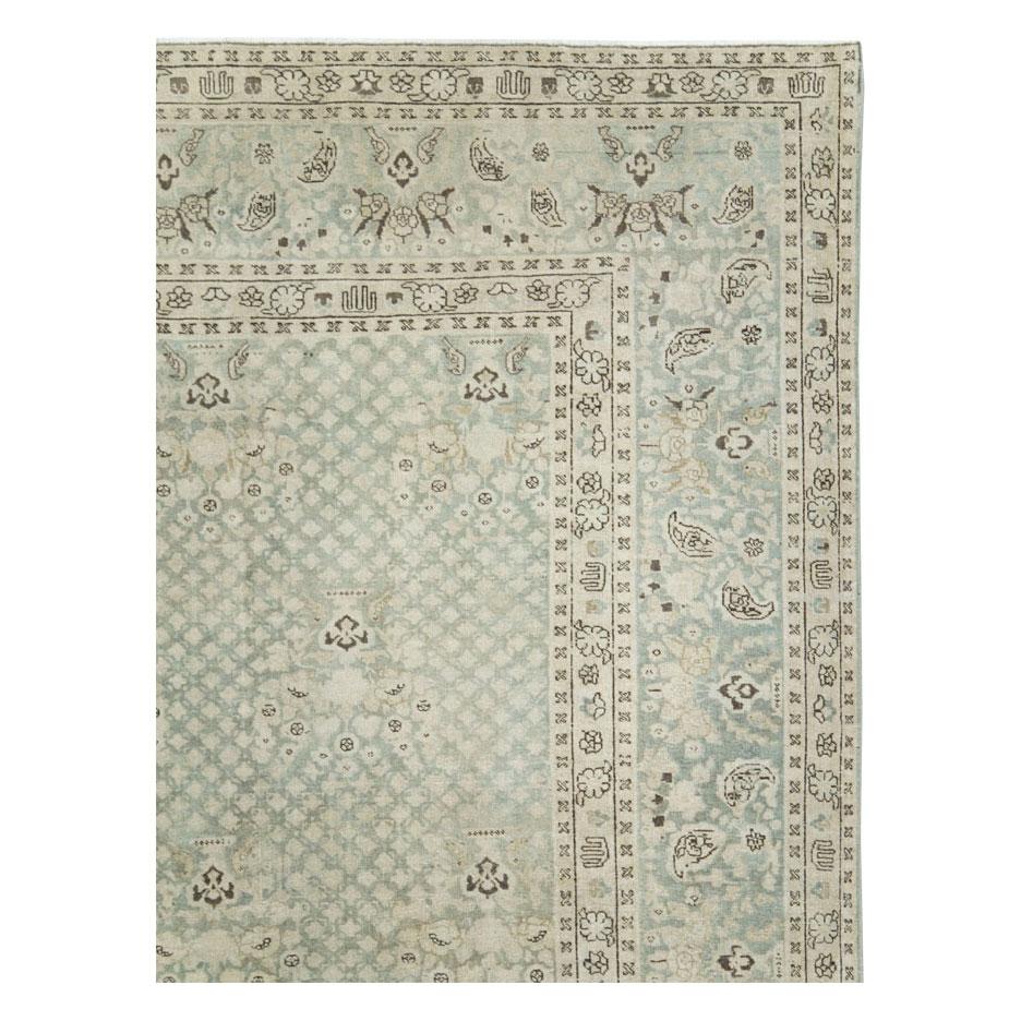 Hand-Knotted Early 20th Century Handmade Persian Tabriz Room Size Carpet in Blues and Greens For Sale