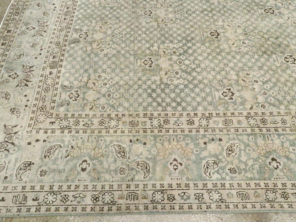 Early 20th Century Handmade Persian Tabriz Room Size Carpet in Blues and Greens For Sale 2