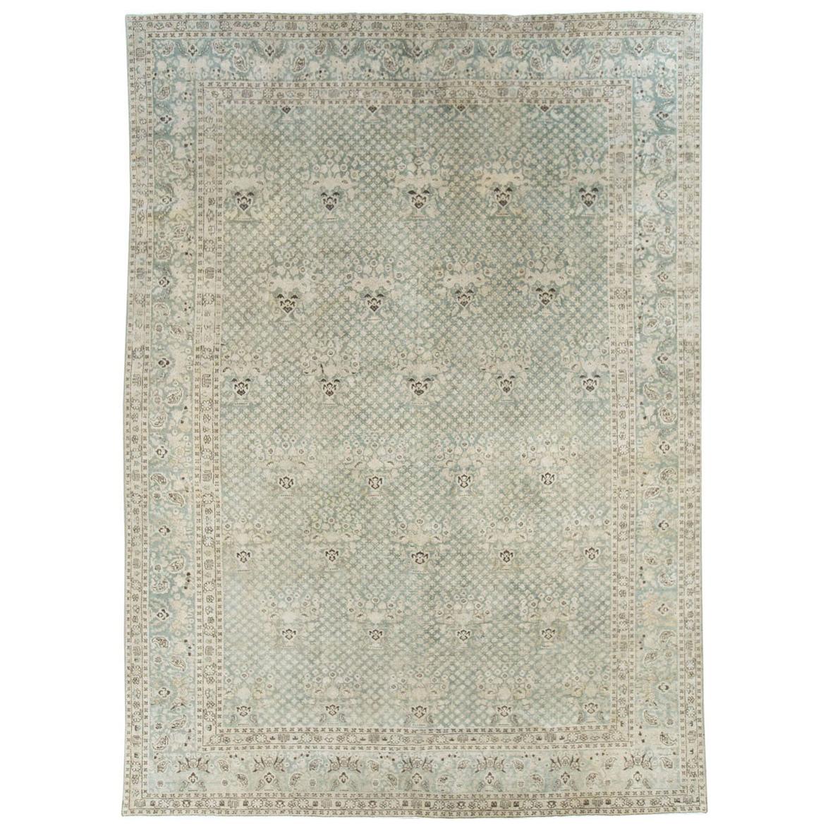 Early 20th Century Handmade Persian Tabriz Room Size Carpet in Blues and Greens