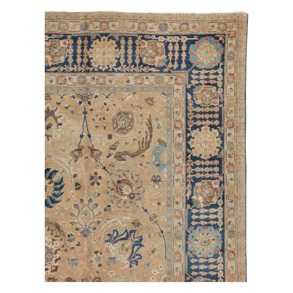 Edwardian Early 20th Century Handmade Persian Tabriz Room Size Carpet In Cream & Blue For Sale