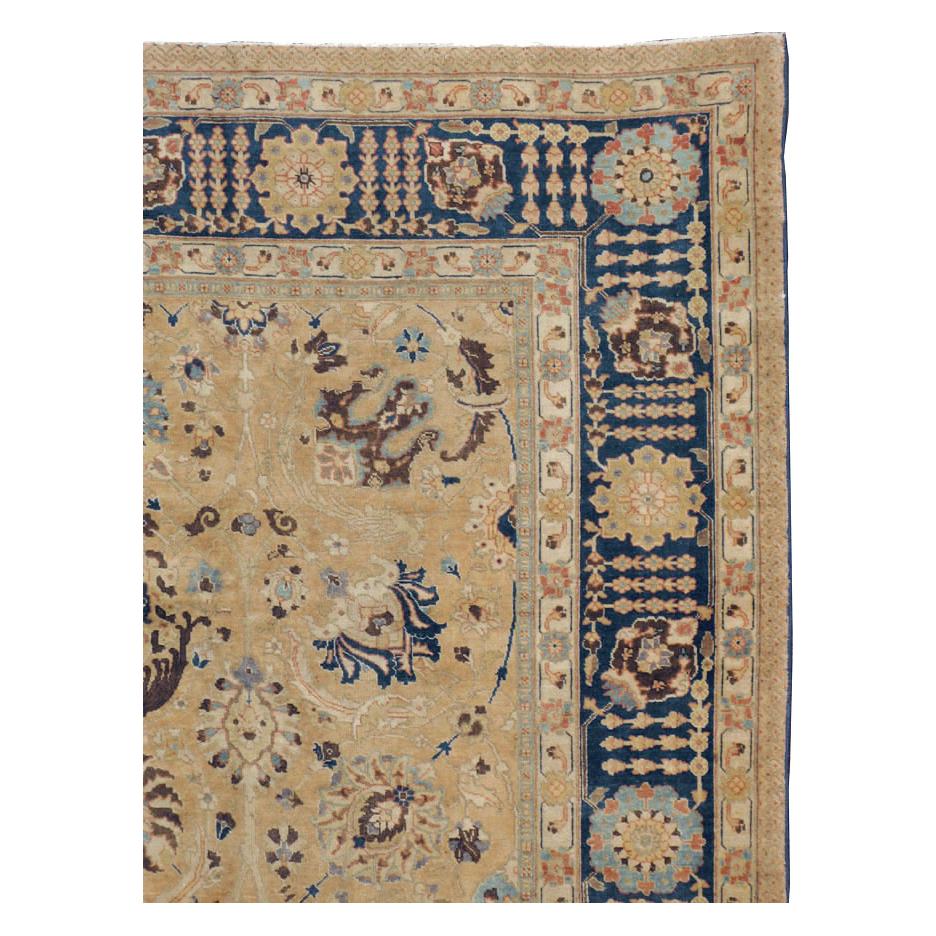 Hand-Knotted Early 20th Century Handmade Persian Tabriz Room Size Carpet In Cream & Blue For Sale
