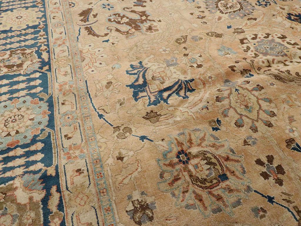 Wool Early 20th Century Handmade Persian Tabriz Room Size Carpet In Cream & Blue For Sale
