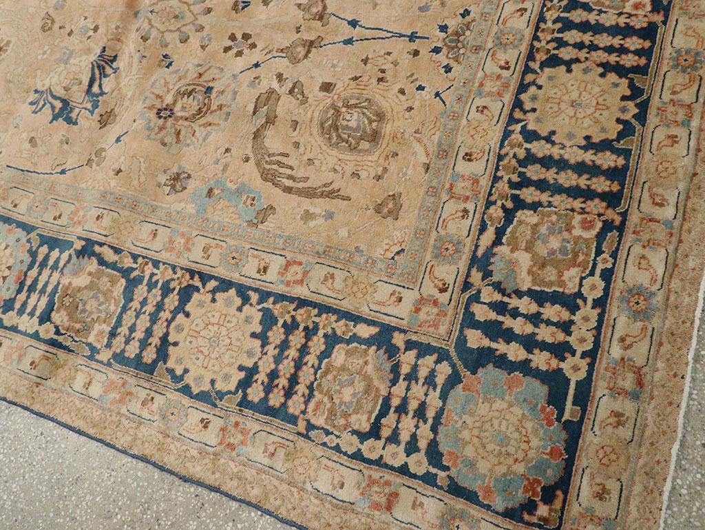 Early 20th Century Handmade Persian Tabriz Room Size Carpet In Cream & Blue For Sale 3